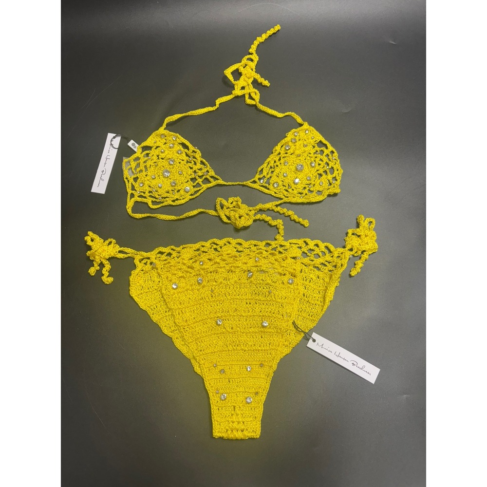 Monica Hansen New Crochet Rhinestone‎ Bikini Set Yellow Size Large